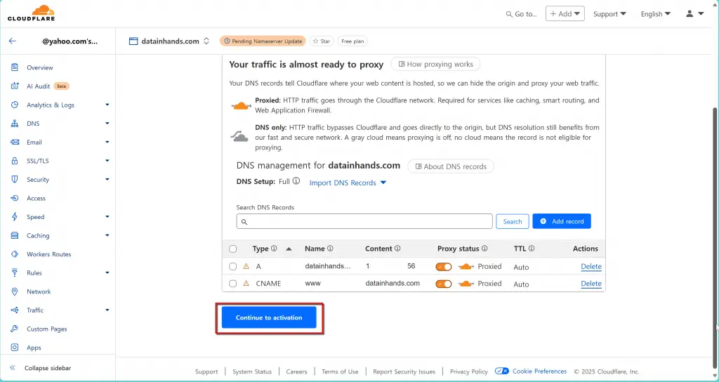 Cloudfalre - domain regisgtratrion - continue to activation