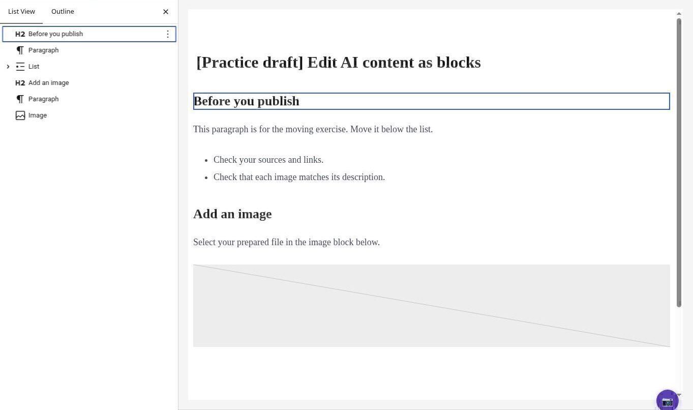 List View showing separate headings, paragraphs, a list and an image