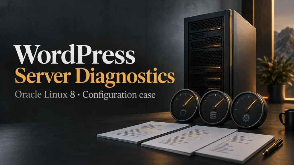 WordPress Server Optimization on Oracle Linux 8: Historical Configuration and Diagnostics 2 WordPress Server Diagnostics — Oracle Linux 8 · Configuration case conceptual editorial illustration
