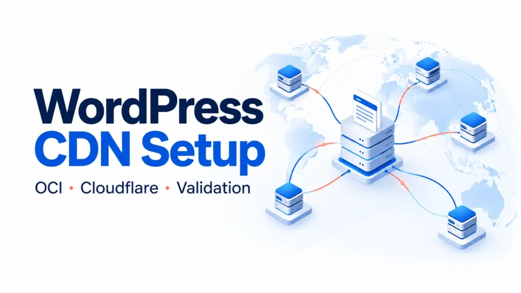 WordPress on OCI with Cloudflare: CDN Setup and Historical Configuration Notes 2 WordPress CDN Setup — OCI · Cloudflare · Validation conceptual editorial illustration
