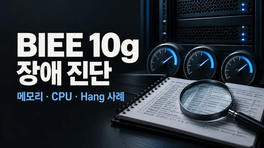 BIEE 10g 메모리/CPU 급증 및 Hang 이슈: 시작부터 종료까지 2 BIEE 10g 장애 진단 — 메모리 · CPU · Hang 사례 주제를 표현한 개념 그림