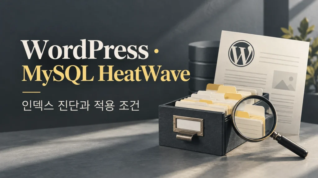 WordPress 데이터베이스와 MySQL HeatWave: 인덱스 진단과 적용 조건 2 WordPress · MySQL HeatWave — 인덱스 진단과 적용 조건 주제를 표현한 개념 그림