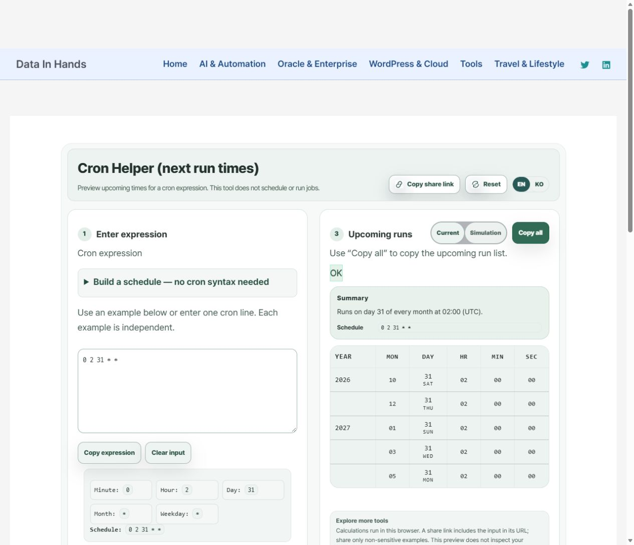 Day-31 schedule showing skipped months — English interface