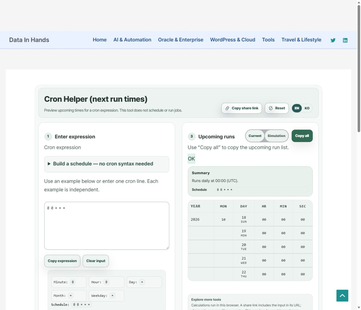 Midnight UTC schedule and time basis — English interface