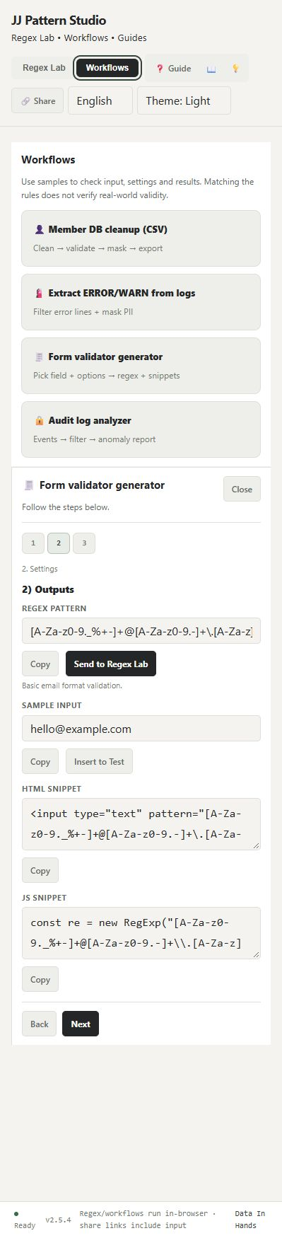 Form generator output showing a pattern, sample, HTML and JavaScript with individual copy controls