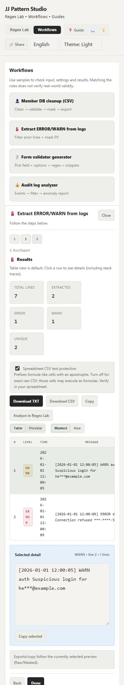 Log extraction result with a selected record and TXT and CSV export controls
