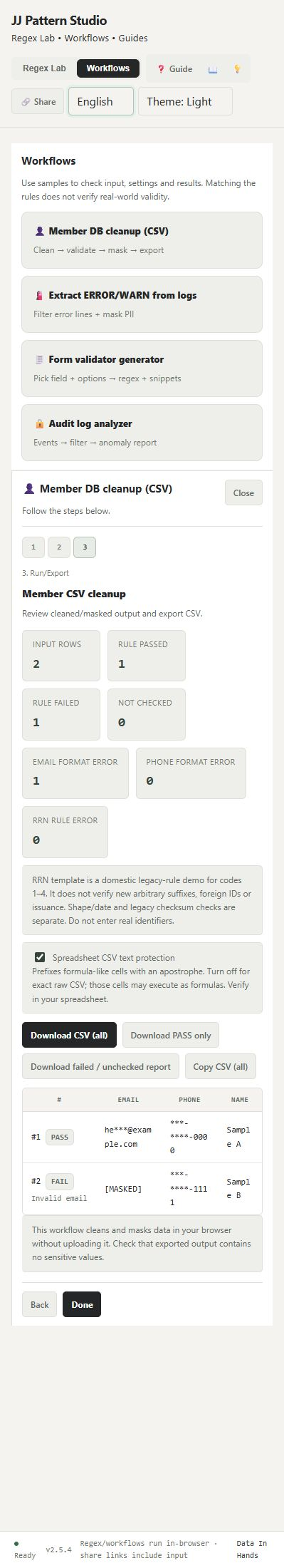 Member CSV cleanup result with synthetic passing and failing rows and export buttons