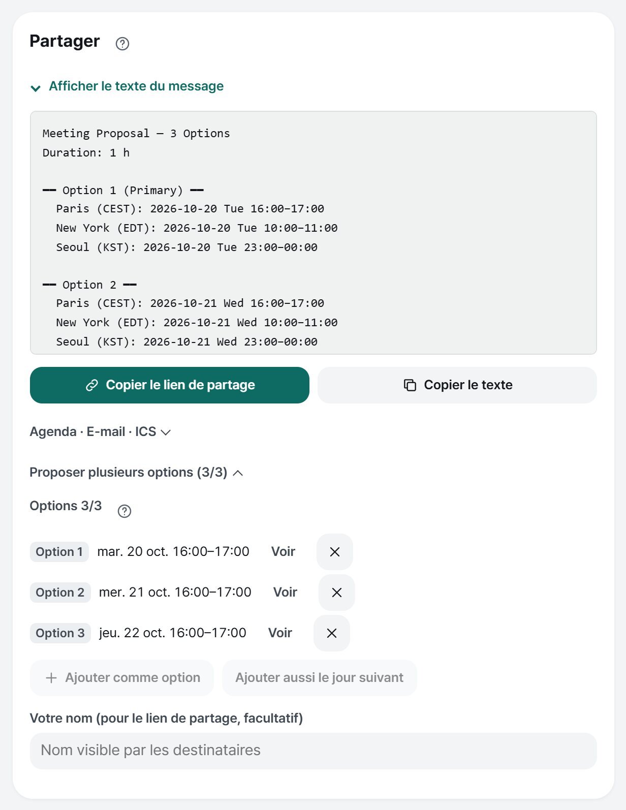 Vérifier l’heure locale et le décalage horaire avec When2Overlap 3 Trois options de réunion pour Paris, New York et Séoul dans l’interface française